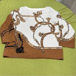 GUC Medium Size 1 Chico’s Sweater Knit Pullover Top Chain Belt Motif White Brown